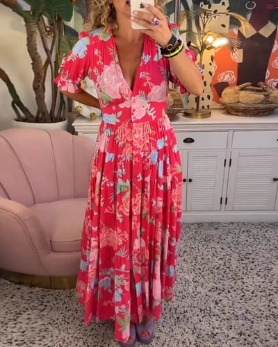 Isabeau™ - Langes bequemes Kleid mit V-Ausschnitt und Taschen