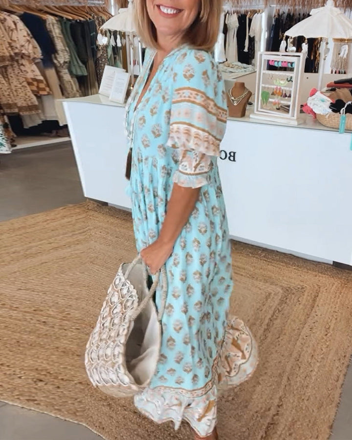 GIULIA | Gemustertes Midikleid mit V-Ausschnitt und eleganten Balloonärmeln