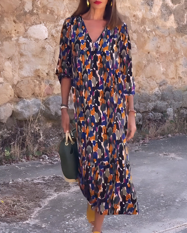 Nathalie | Kleid mit V-Ausschnitt und Retro-Muster