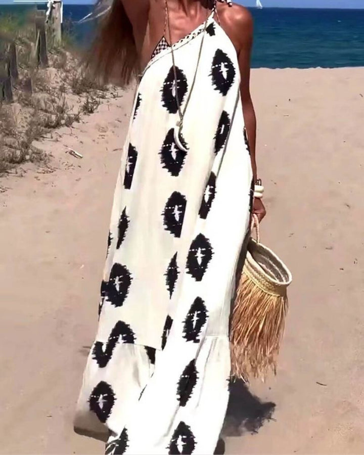 Langes Ein-Schulter-Musterkleid – Ethno-Chic-Stil