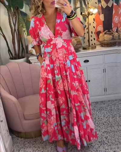 Isabeau™ - Langes bequemes Kleid mit V-Ausschnitt und Taschen