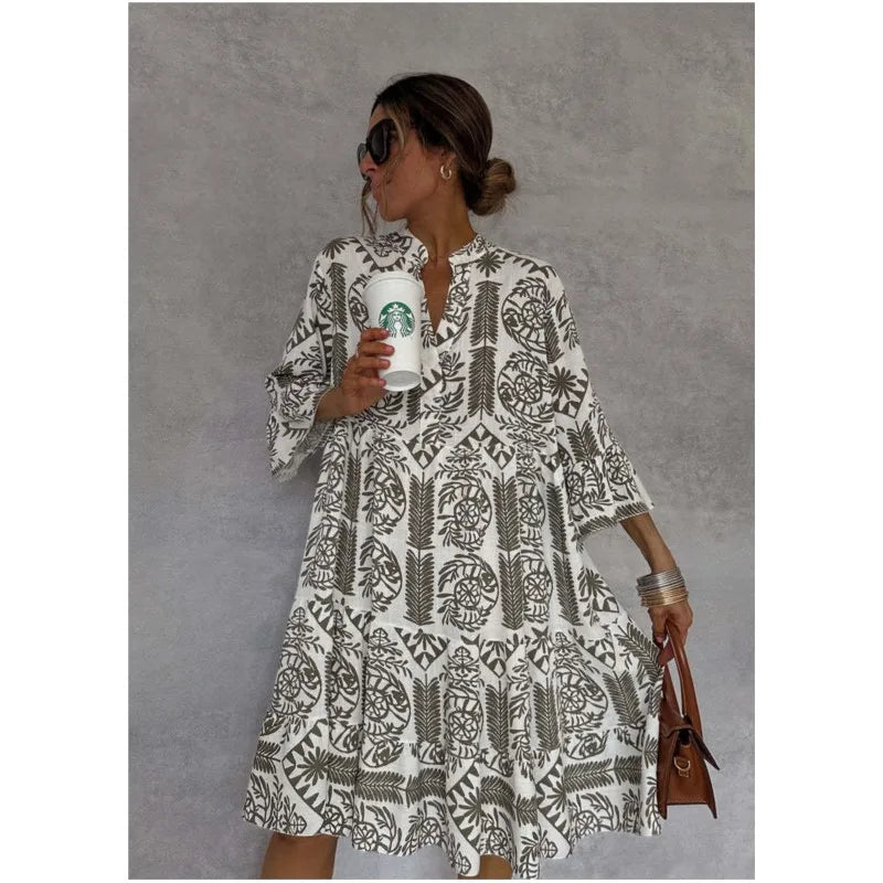 Adeline | Bedrucktes V-Ausschnitt A-Linien Rockkleid