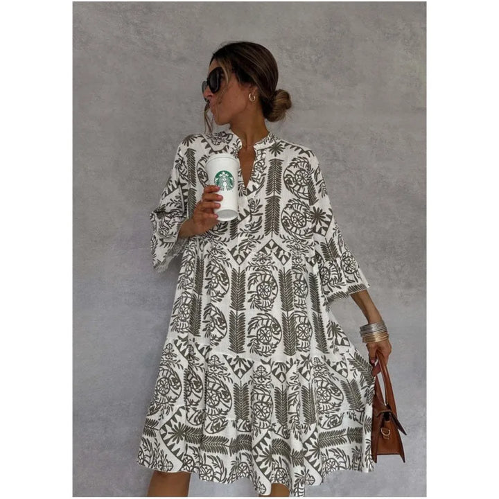 Adeline | Bedrucktes V-Ausschnitt A-Linien Rockkleid