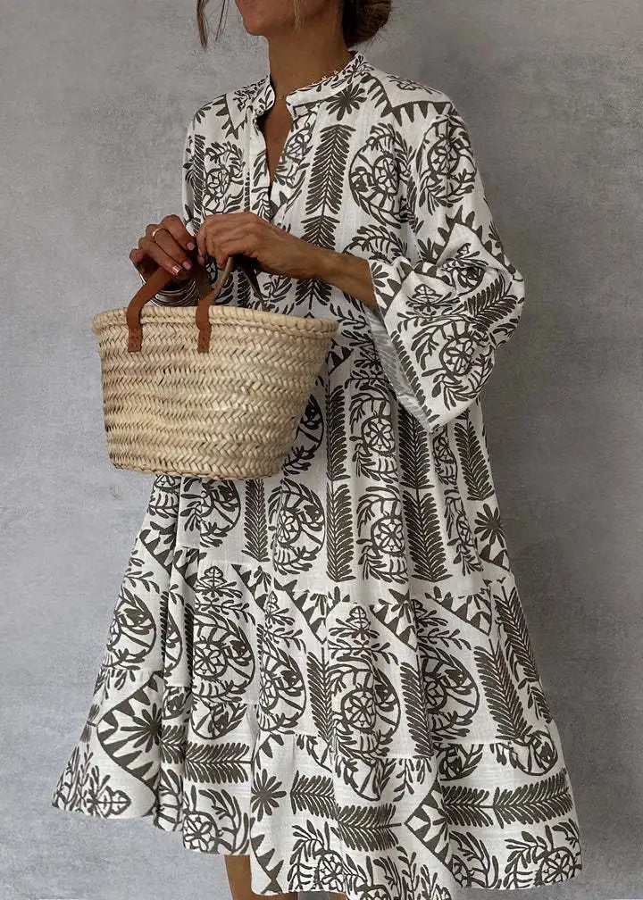Adeline | Bedrucktes V-Ausschnitt A-Linien Rockkleid
