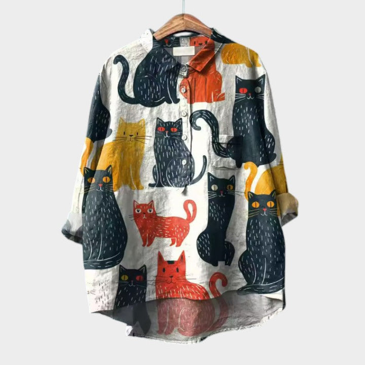 LILIANA | Oversize-Bluse mit bunten Katzen und sofortigem Komfort für deine lässigen Tage
