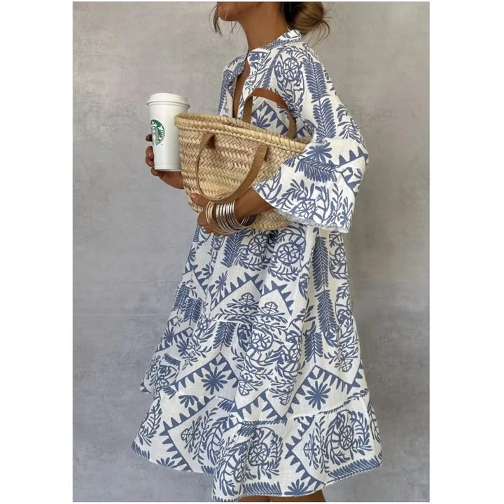 Adeline | Bedrucktes V-Ausschnitt A-Linien Rockkleid