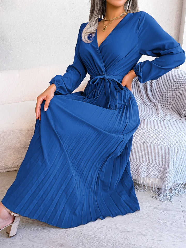 Daisy - Damen V-Ausschnitt Plissiertes Maxikleid Langarm