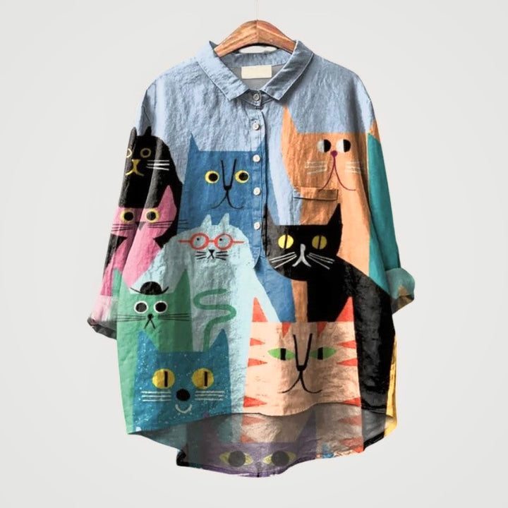 LILIANA | Oversize-Bluse mit bunten Katzen und sofortigem Komfort für deine lässigen Tage