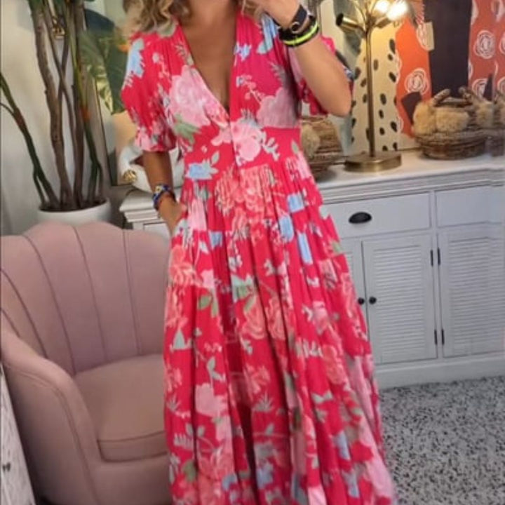 Isabeau™ - Langes bequemes Kleid mit V-Ausschnitt und Taschen