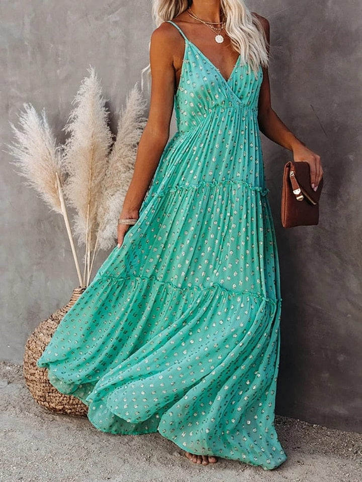 Evi™ Grüne Maxi-Kleid mit V-Ausschnitt und sommerlichem Ibiza-Muster