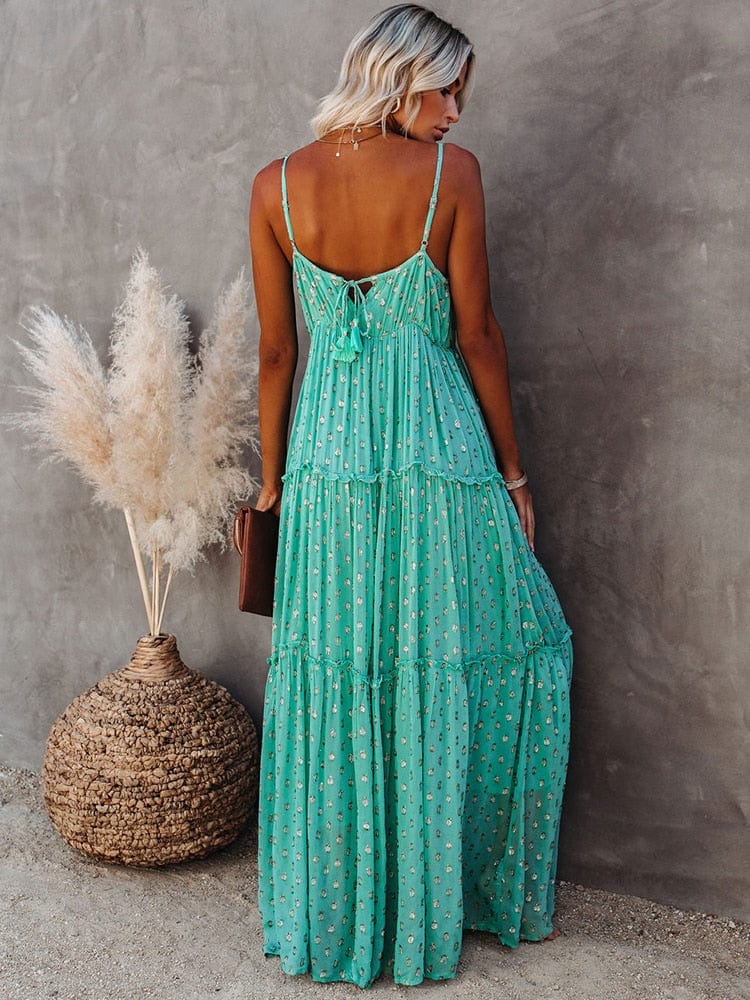 Evi™ Grüne Maxi-Kleid mit V-Ausschnitt und sommerlichem Ibiza-Muster