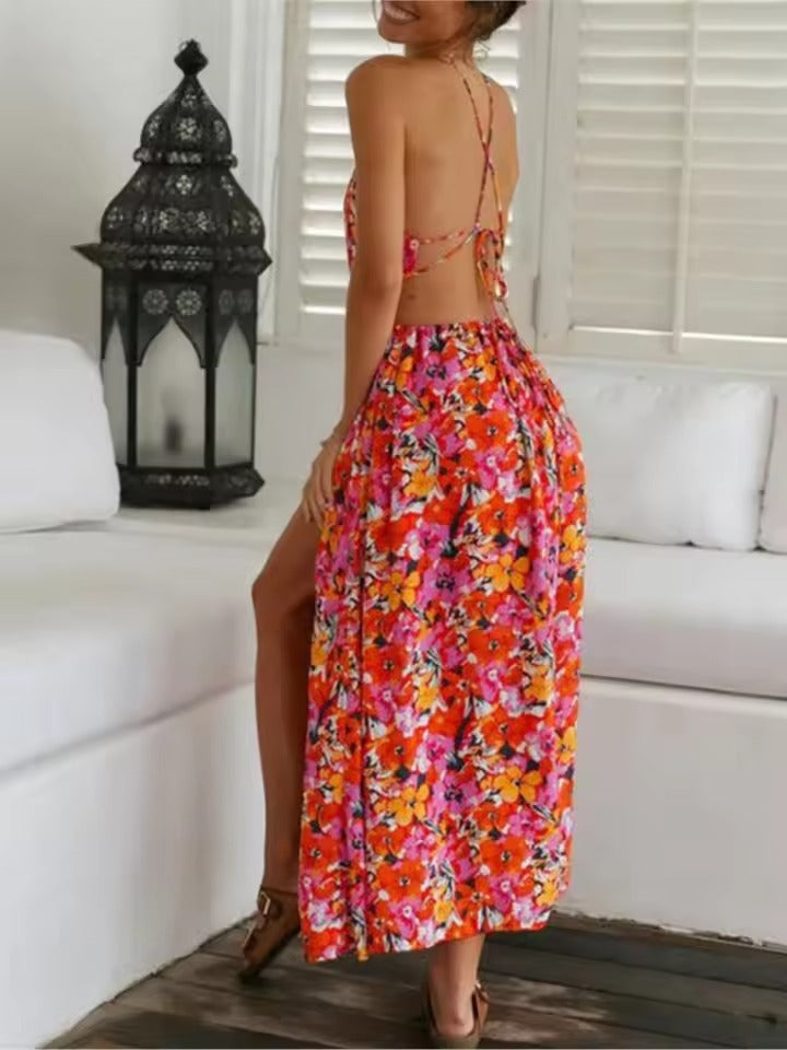 Élisa | Rückenfreies Maxikleid mit Blumendruck und Beinschlitz