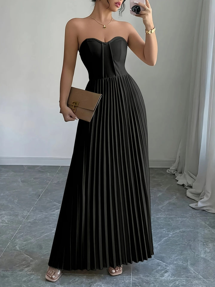 Bérénice | Trägerloses Maxikleid mit Korsagen-Oberteil und Plissee-Rock