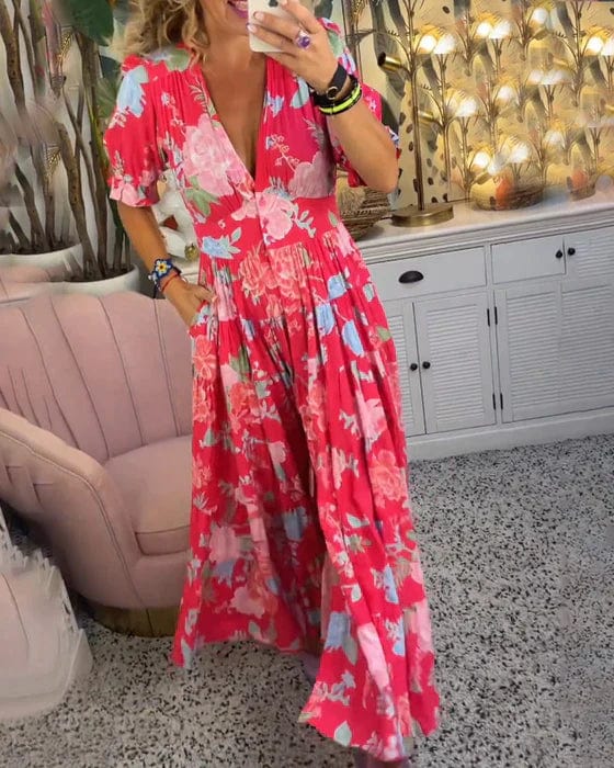 Isabeau™ - Langes bequemes Kleid mit V-Ausschnitt und Taschen