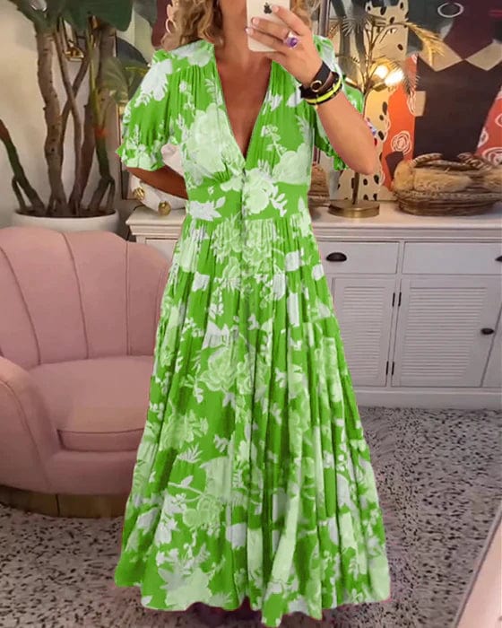 Isabeau™ - Langes bequemes Kleid mit V-Ausschnitt und Taschen