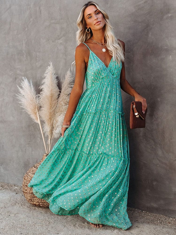 Evi™ Grüne Maxi-Kleid mit V-Ausschnitt und sommerlichem Ibiza-Muster