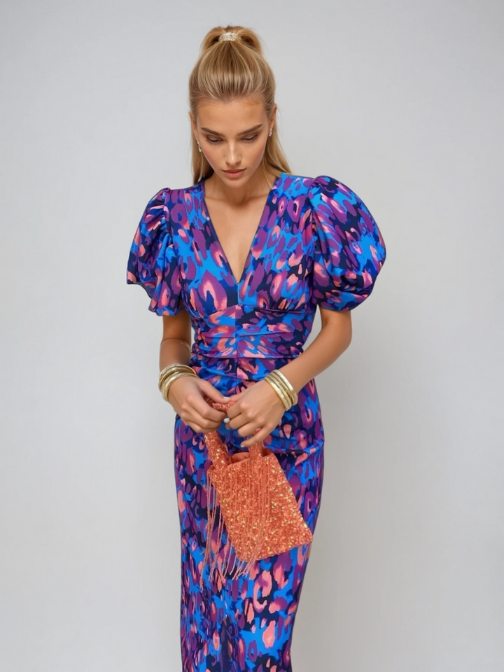 Arielle™ | Damen-Midi-Kleid in Farbe mit Faltenärmeln