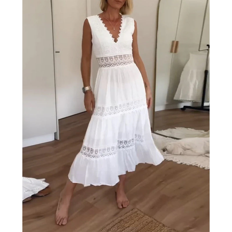 ALYSSA | Midikleid Ärmellos mit V-Ausschnitt und zarten Spitze-Details
