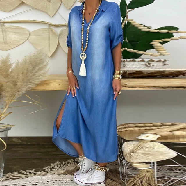 Lea | Langes Kleid im Jeans-Look mit Seitenschlitz
