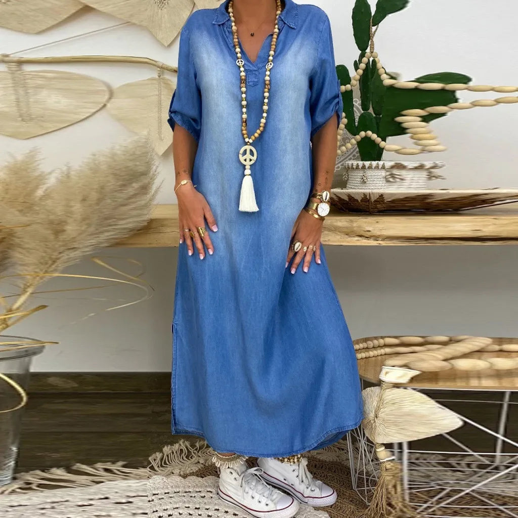 Lea | Langes Kleid im Jeans-Look mit Seitenschlitz