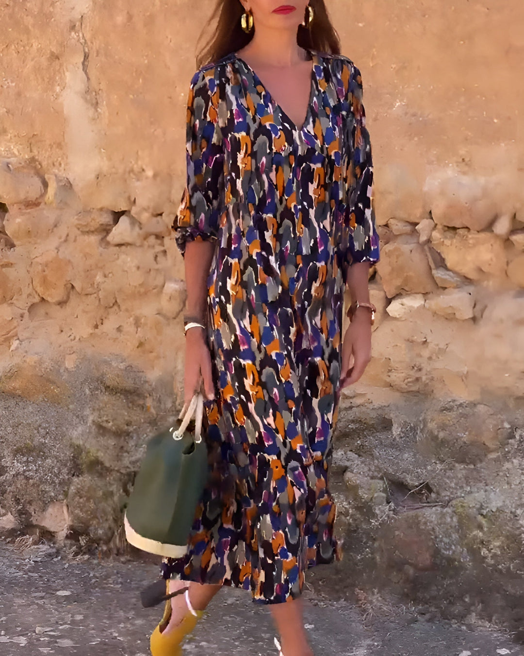 VIOLETTA | Langes Kleid mit V-Ausschnitt, Retro-Muster und elegantem Komfort für jeden Anlass