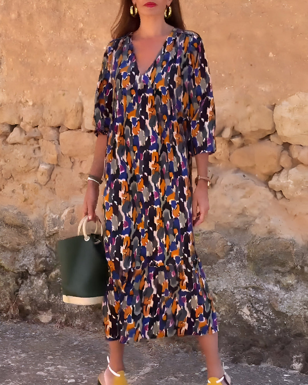 VIOLETTA | Langes Kleid mit V-Ausschnitt, Retro-Muster und elegantem Komfort für jeden Anlass