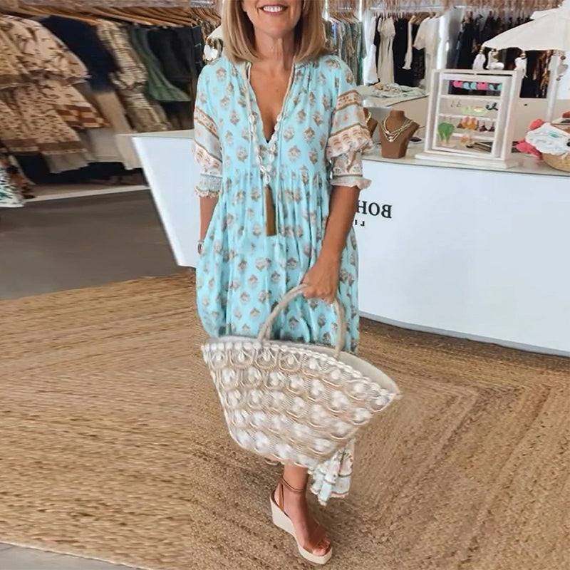 GIULIA | Gemustertes Midikleid mit V-Ausschnitt und eleganten Balloonärmeln