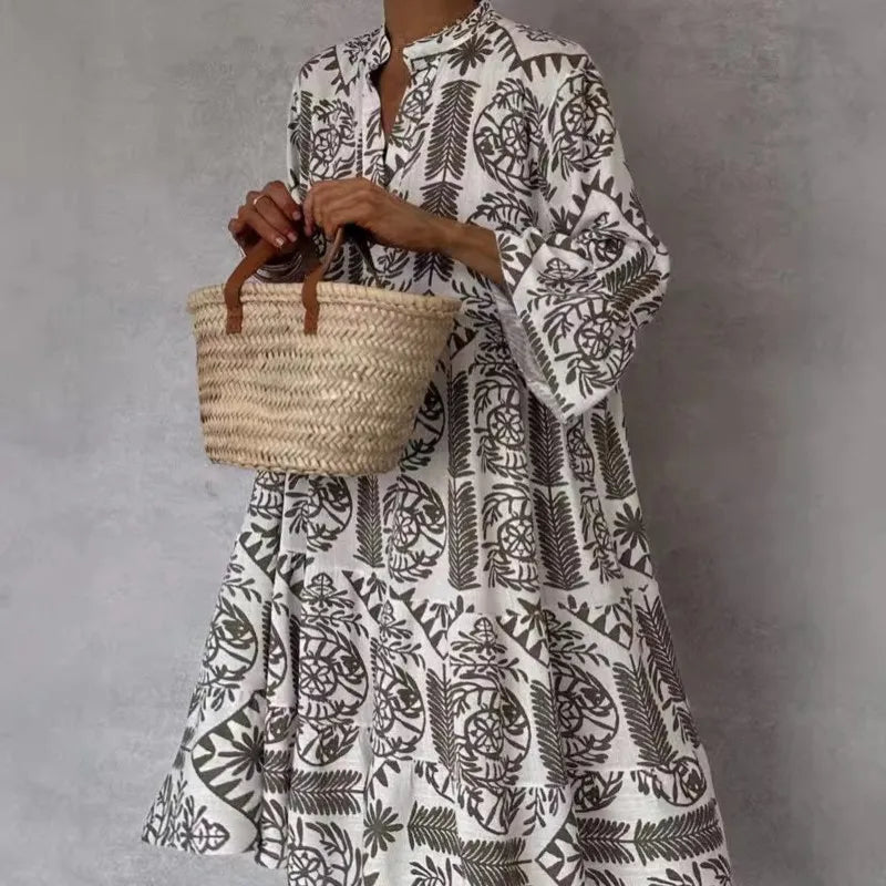 Adeline | Bedrucktes V-Ausschnitt A-Linien Rockkleid