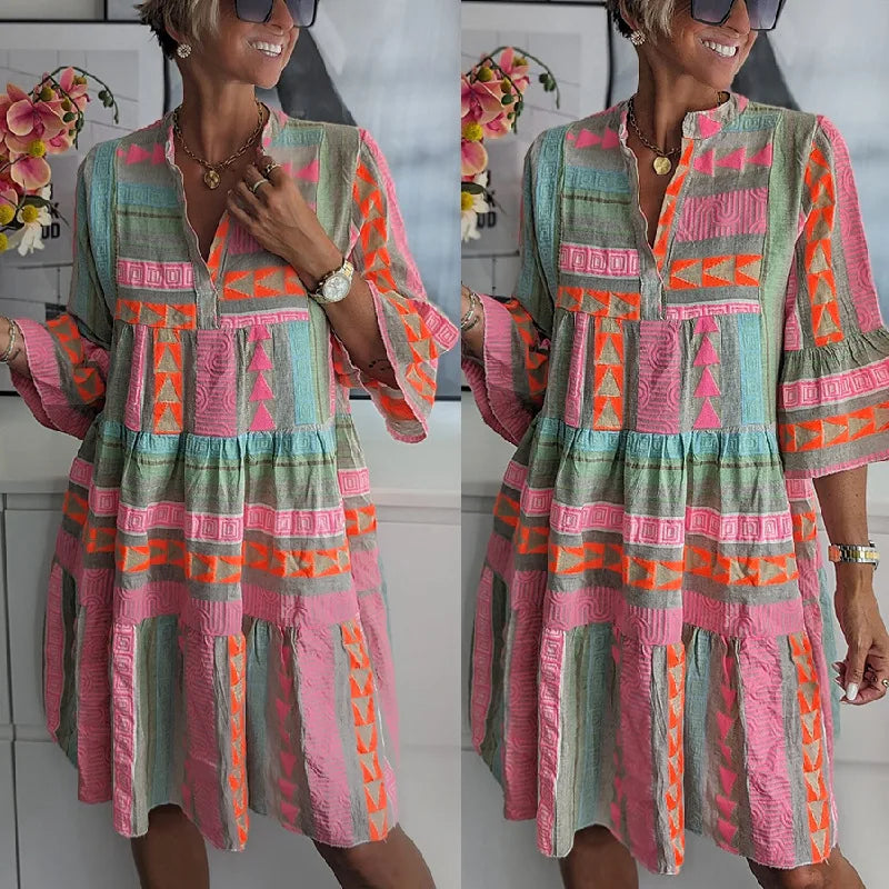Ava - Schickes V-Ausschnitt Baumwolle Hanf Sommerkleid