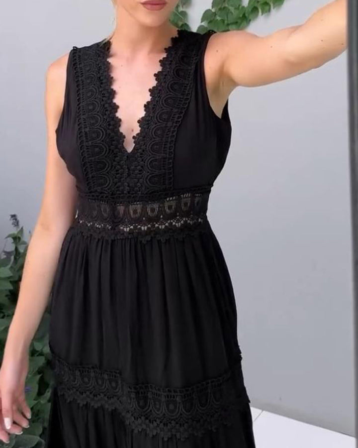 ALYSSA | Midikleid Ärmellos mit V-Ausschnitt und zarten Spitze-Details