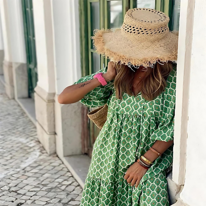 Mabel - Luftiges Kleid mit geometrischem Druck in Hoch- und Tieflänge