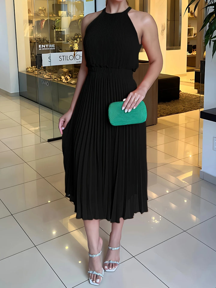 Claire | Elegantes Plissiertes Midikleid mit Stehkragen