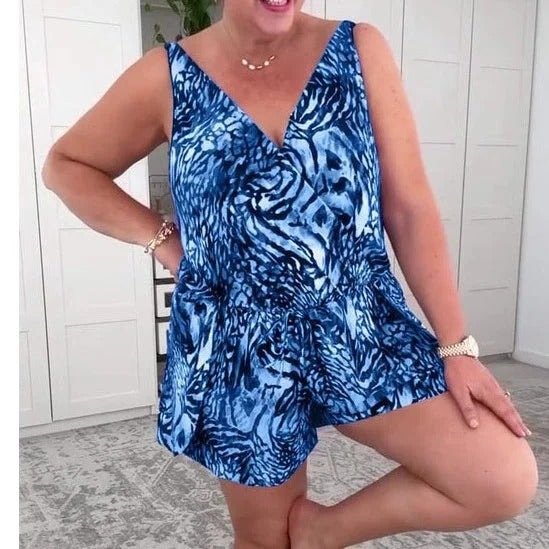 Bezre | Ärmelloser bedruckter Badeanzug mit V-Ausschnitt