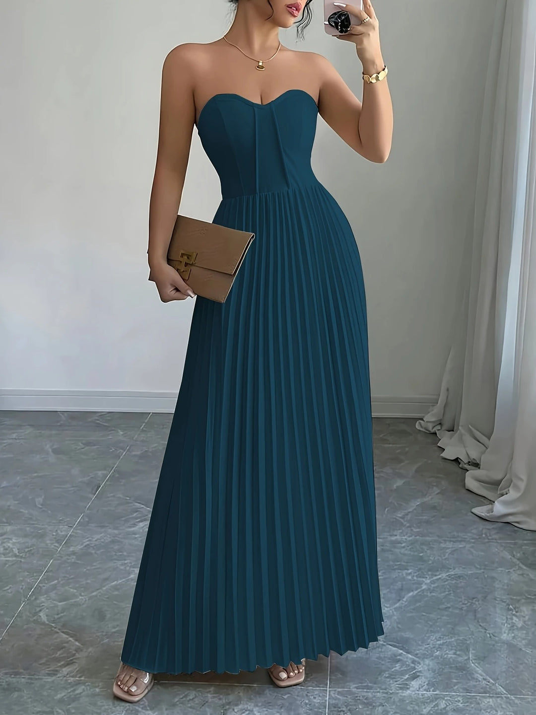 Bérénice | Trägerloses Maxikleid mit Korsagen-Oberteil und Plissee-Rock